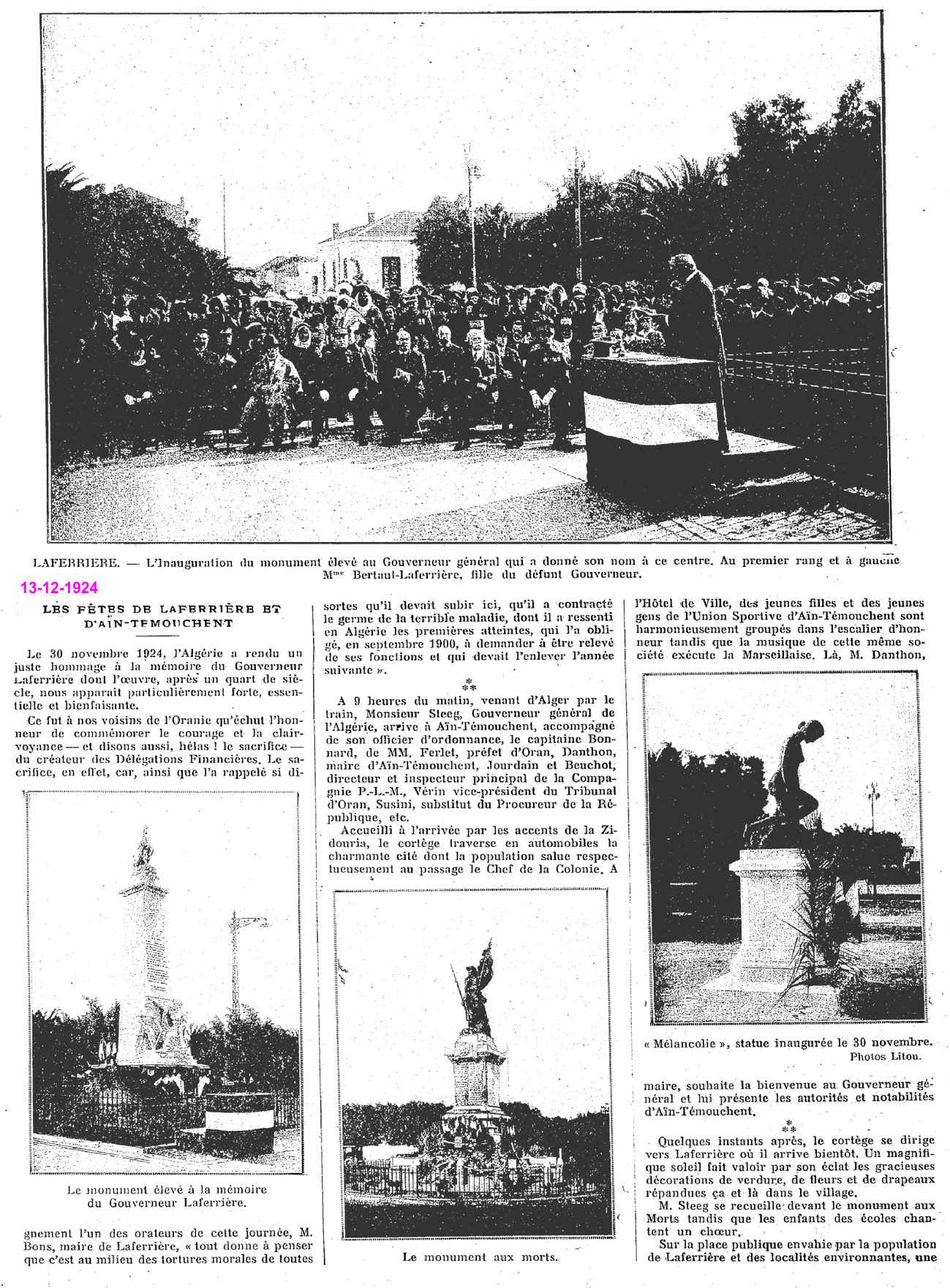 INAUGURATION du MONUMENT à la mémoire du gouverneur LAFERRIÈRE à.. Laferrière