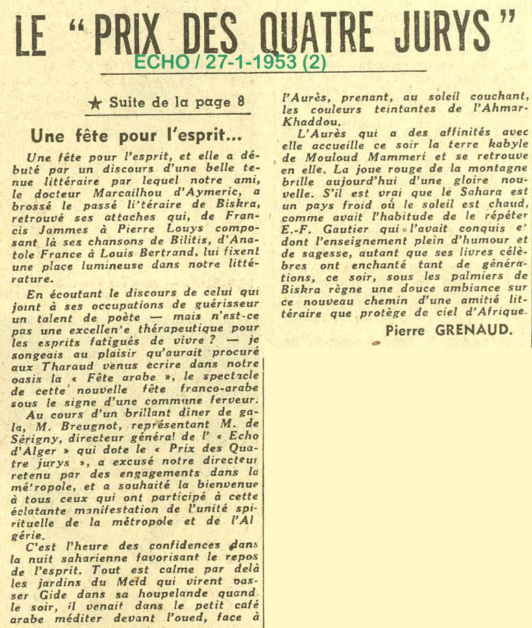 Le " Prix des quatre jurys " est attribué, à Biskra