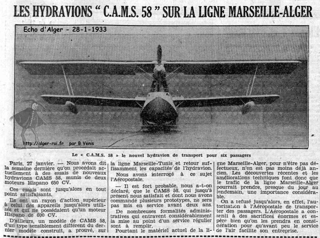 LES HYDRAVIONS " C.A.M.S. 58 " SUR LA LIGNE MARSEILLE-ALGER