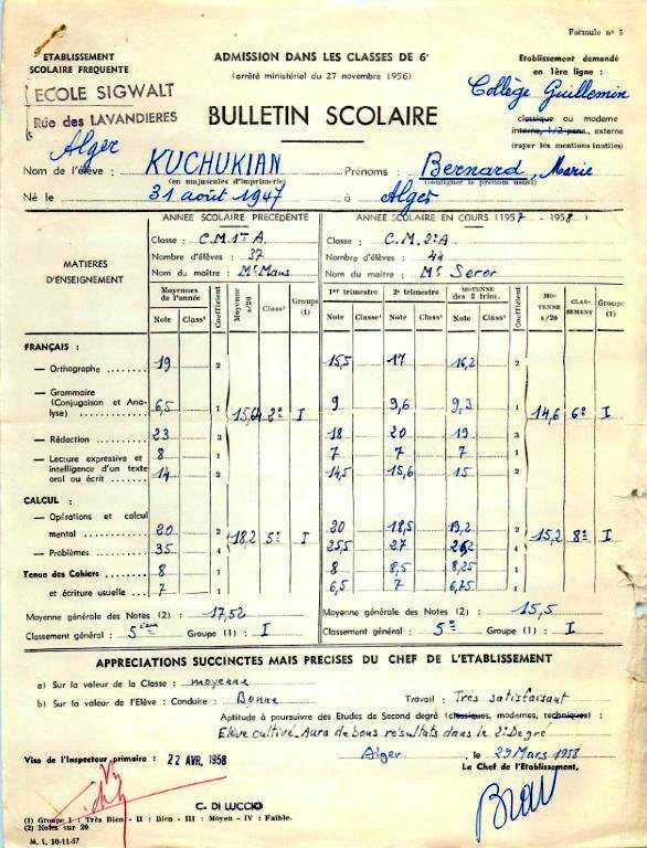 Bulletin scolaire pour l'admission en classe de sixième