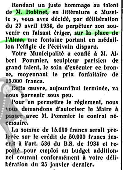 Délibération pour l'érection d'une fontaine avec effigie de l'écrivain Robinet