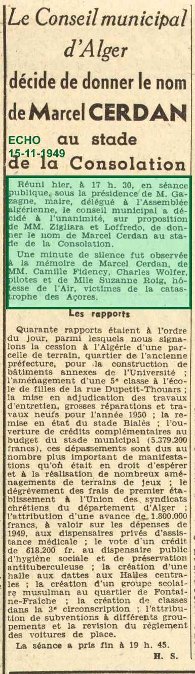 Le Conseil municipal d'Alger décide de donner le nom de Marcel CERDAN au stade de la Consolation