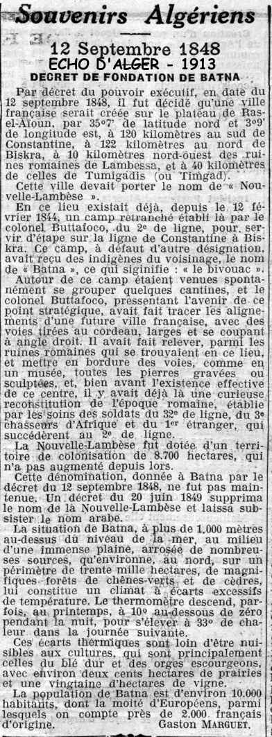 Décret de fondation de Batna - 12 septembre 1848