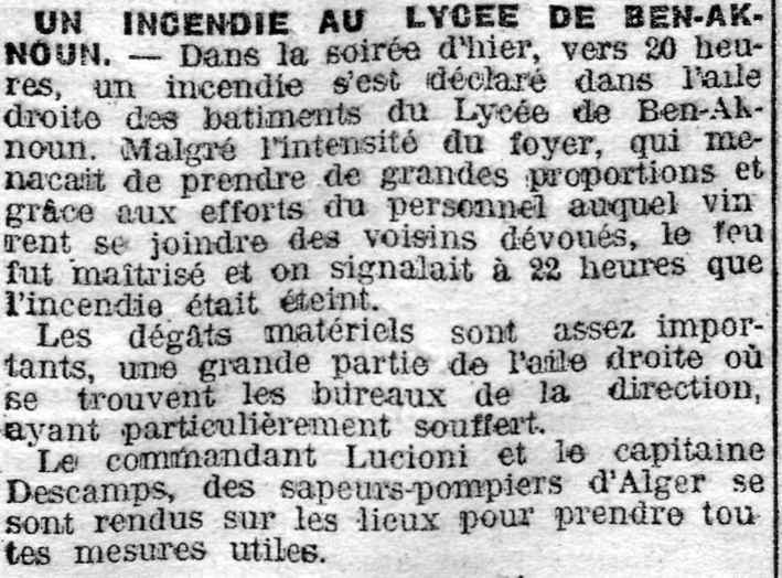 UN INCENDIE AU LYCEE DE BEN-AKNOUN