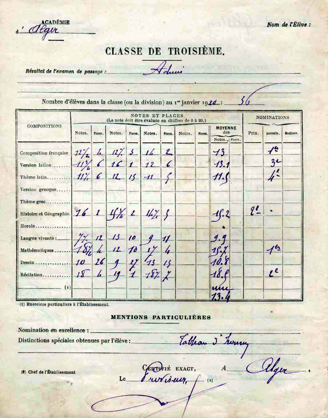Troisième, notes et appréciations