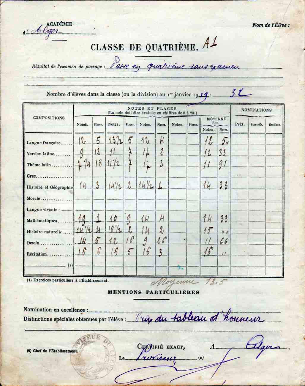 Quatrième, notes et appréciations