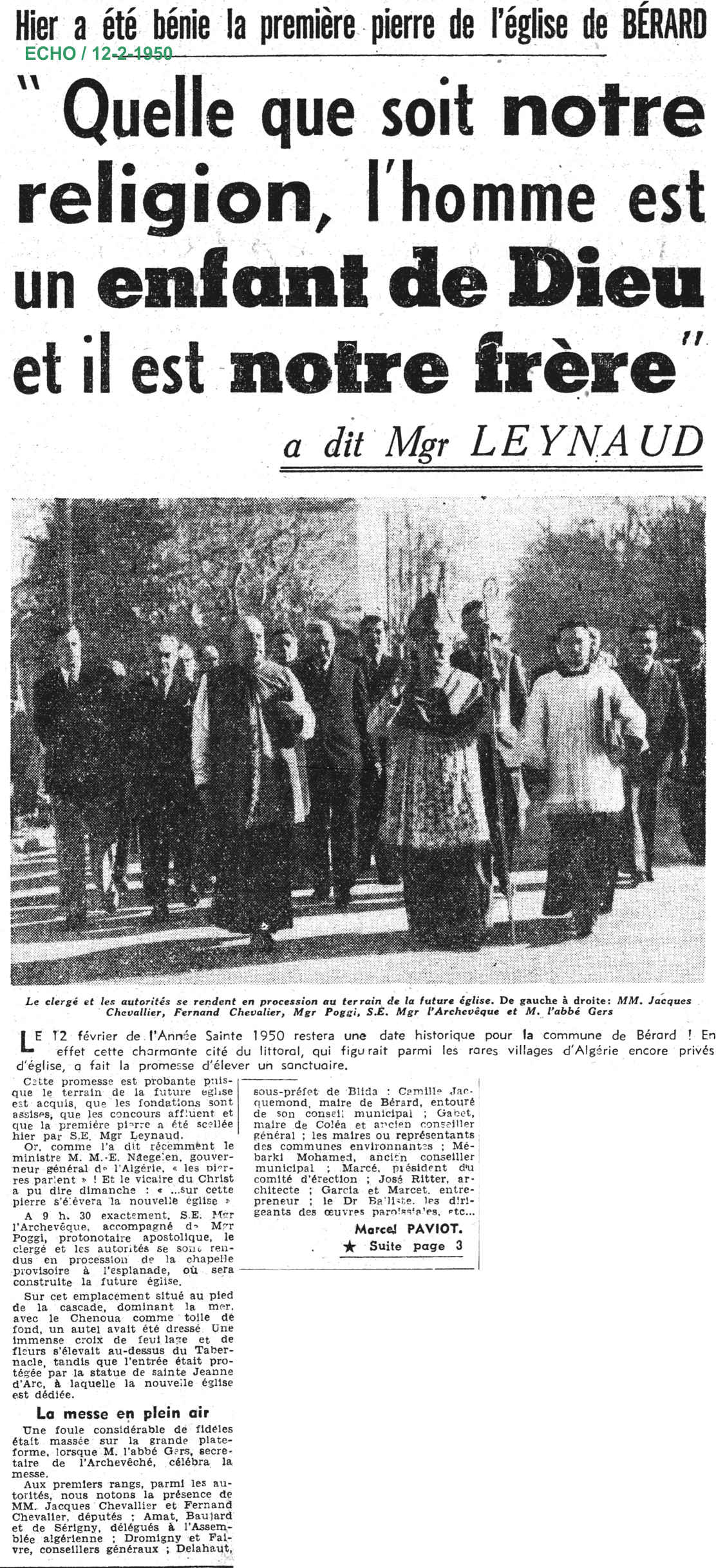 Hier a été bénie la première pierre de l'église de BÉRARD