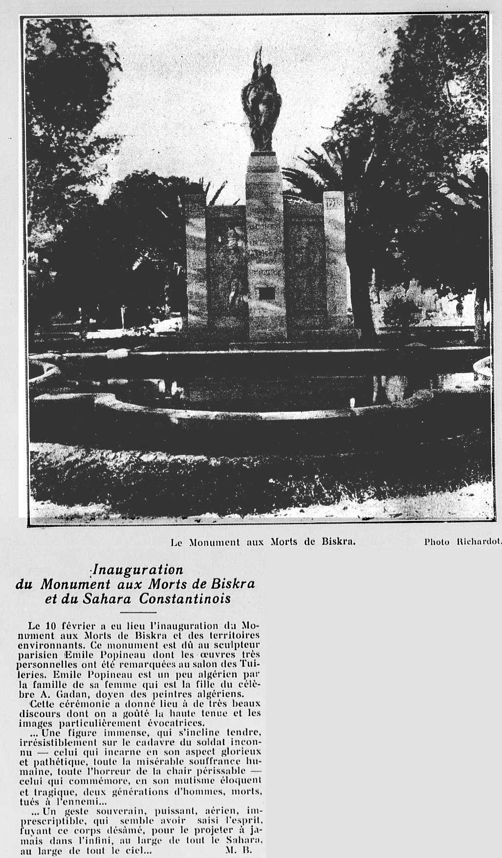 Inauguration du Monument aux Morts de Biskra et du Sahara Constantinois 