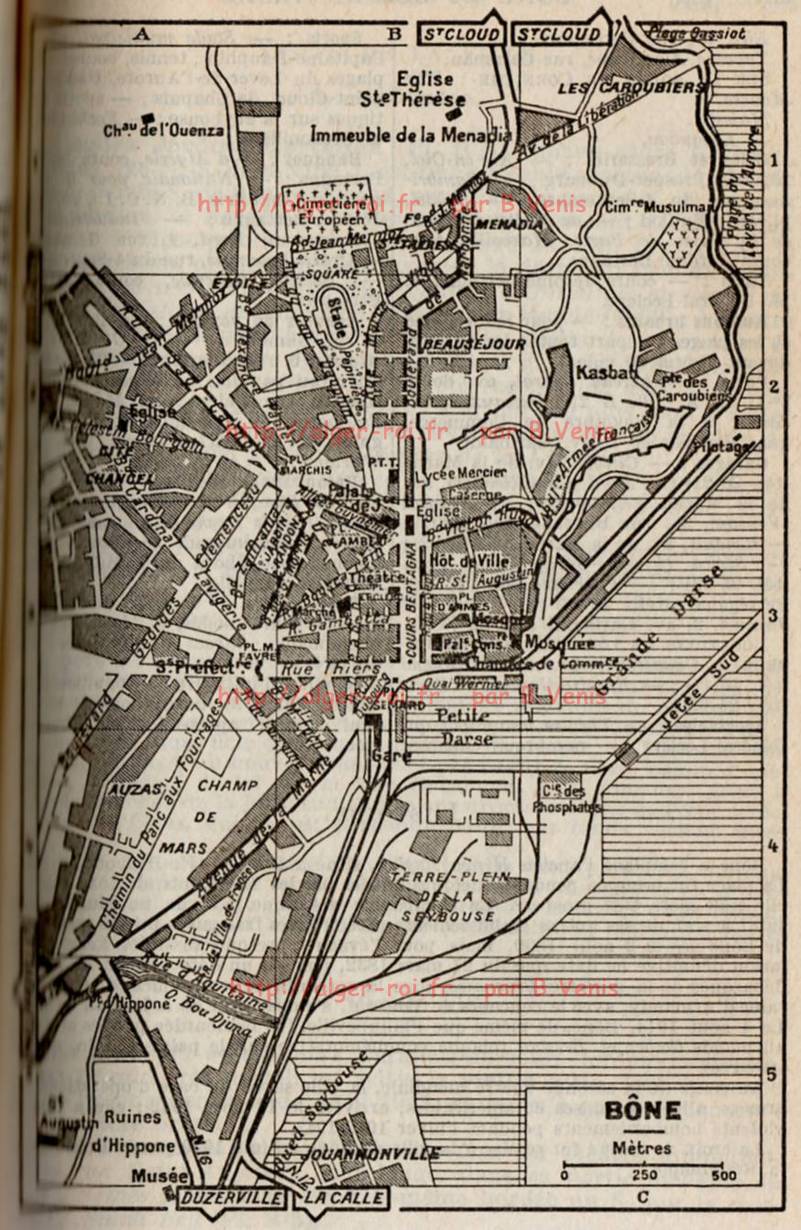 Bône, plan extrait des guides bleus, Algérie, Tunisie, 1955, Hachette