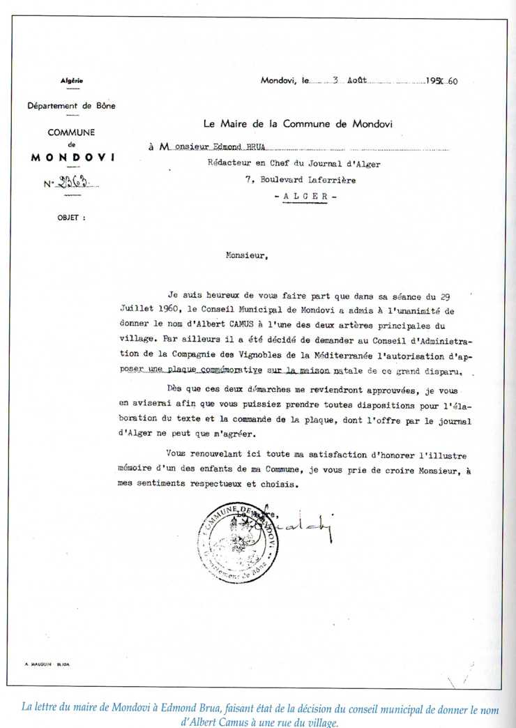 La lettre du maire de Mondovi à Edmond Brun, faisant état de la décision du conseil municipal de donner le nom d'Albert Camus à une rue du village.