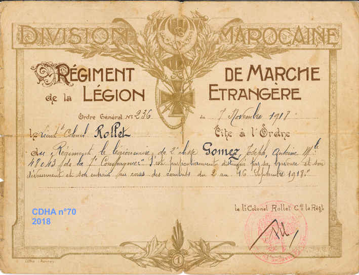 Citation à l'ordre du régiment du légionnaire Joseph Gomez lors des combats des 2 et 16 septembre 1918