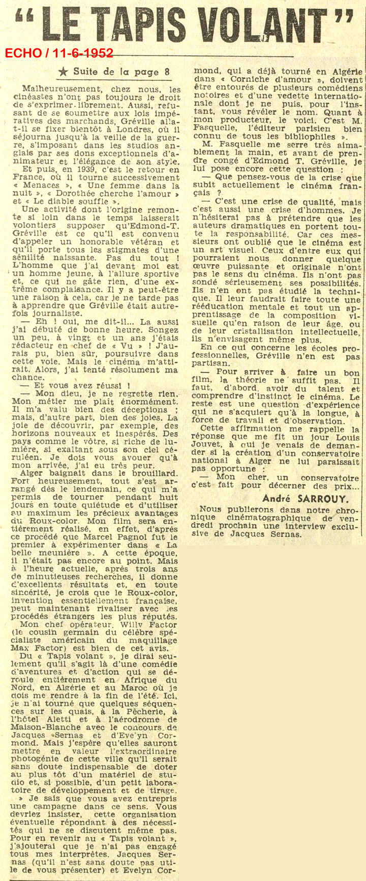 Edmond T. GRÉVILLE tourne à Alger les extérieurs de son prochain film :