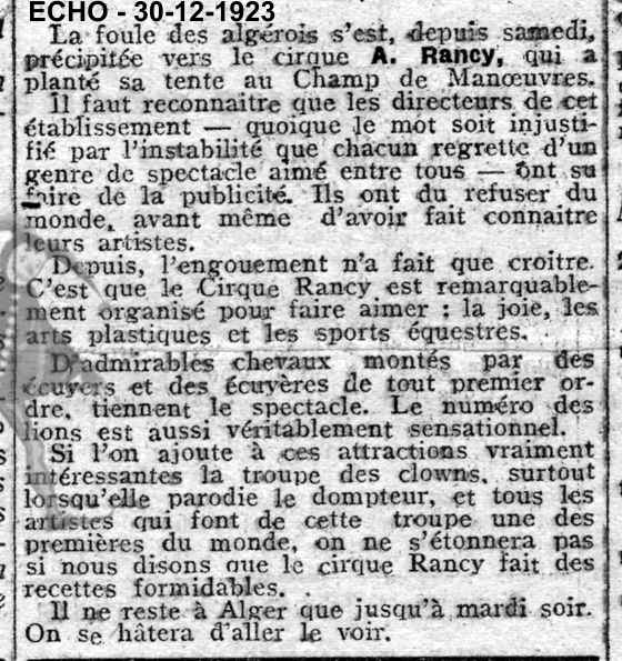 Le cirque A.RANCY à Alger - 1923