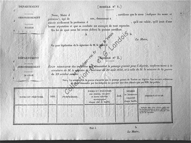 Modèles de certificat et d'état nominatif des individus qui demandent le passage gratuit pour l'Algérie