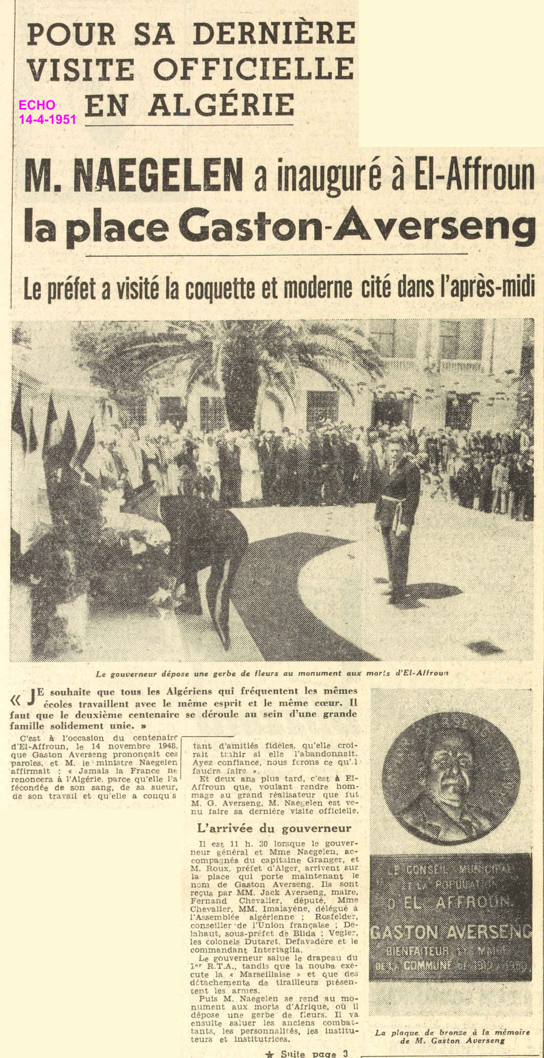 M. NAEGELEN a inauguré à El-Affroun la place Gaston-Averseng