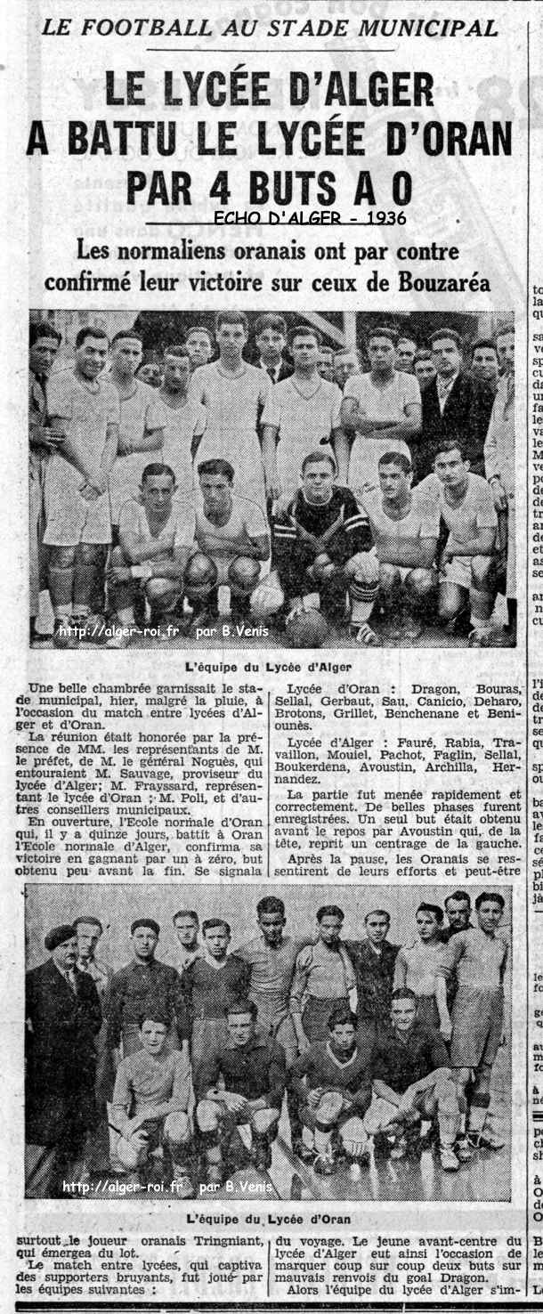 LE LYCÉE D'ALGER A BATTU LE LYCÉE D'ORAN PAR 4 BUTS A 0 - 1936