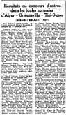 Sept 1959 : Résultats du concours d'entrée dans les écoles normales d'Alger, d'Orléansville, de Tizi-Ouzou