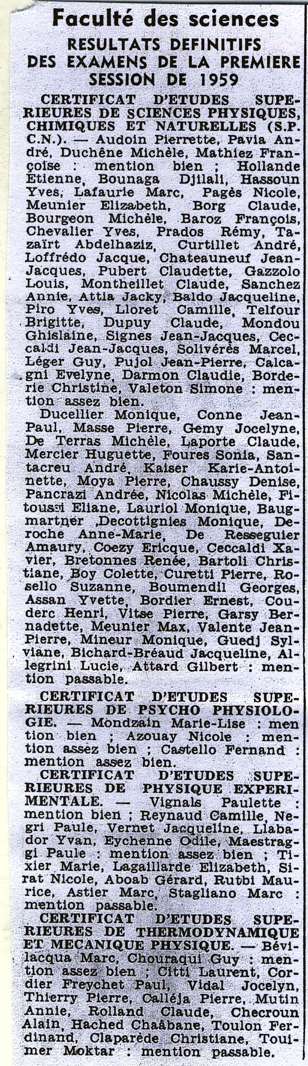 RESULTATS DEFINITIFSDES EXAMENS DE LA PREMIERE SESSION DE 1959