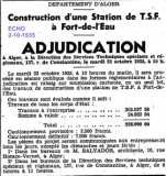Construction d'une Station de T.S.F. à Fort-de-l'Eau - ADJUDICATION - Echo d'Alger du 2-10-1935 
