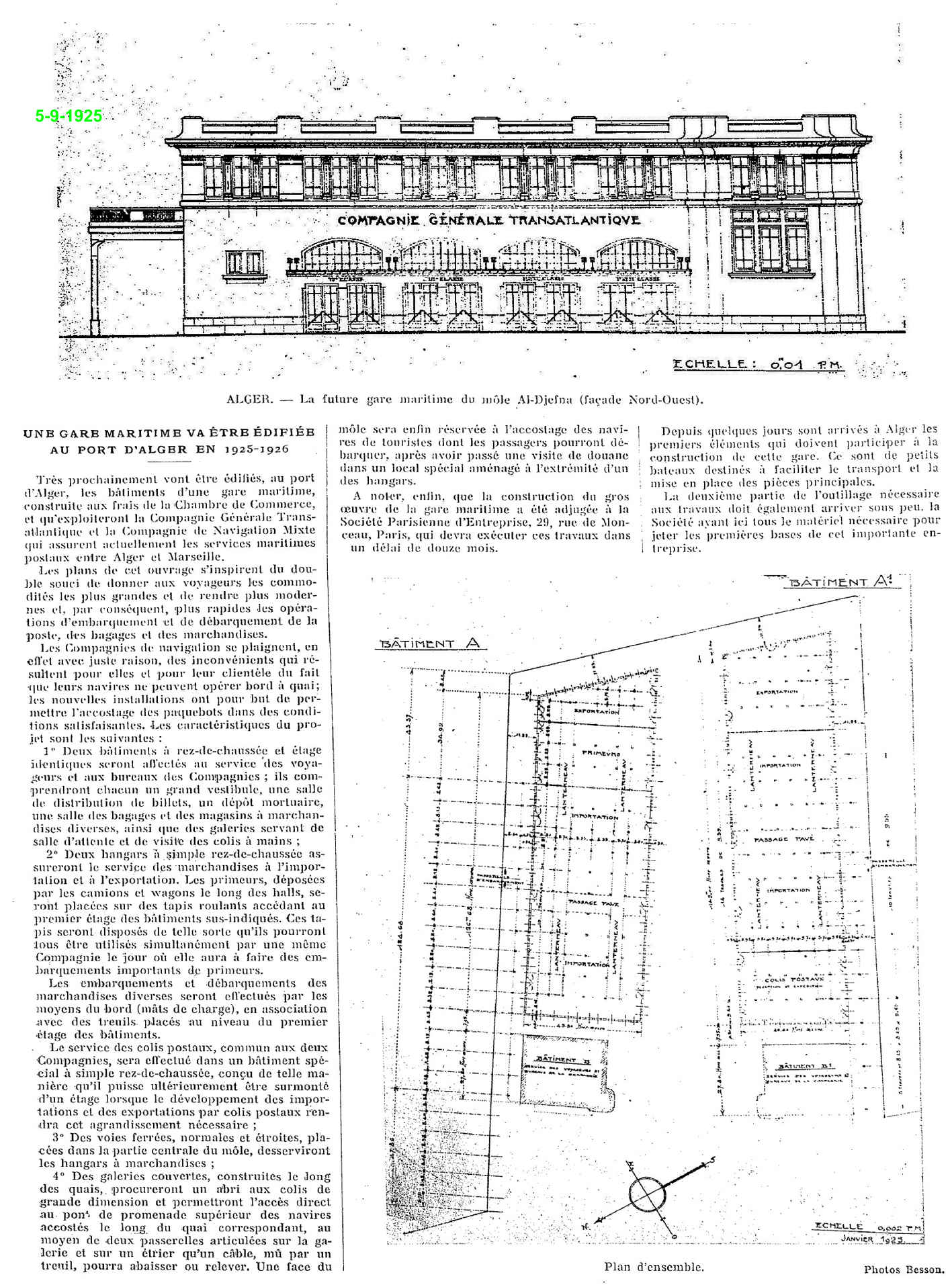 UNE GARE MARITIME VA ÊTRE ÉDIFIÉE AU PORT D'ALGER EN 1925-1926 