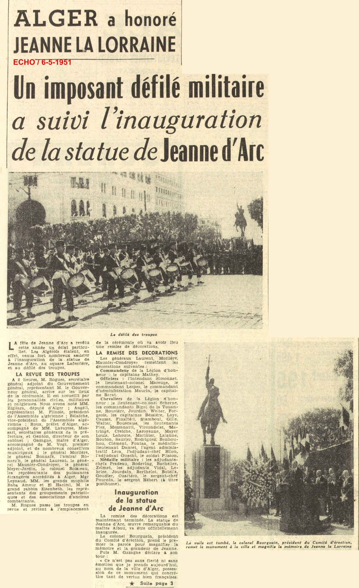 ALGER a honoré JEANNE LA LORRAINE