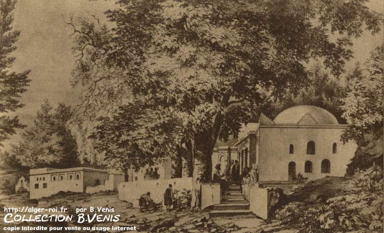 Vue du café des Platanes et du Marabout actuellement démolis en partie en face du jardin d'essai(1830) d'après Serbrugger.