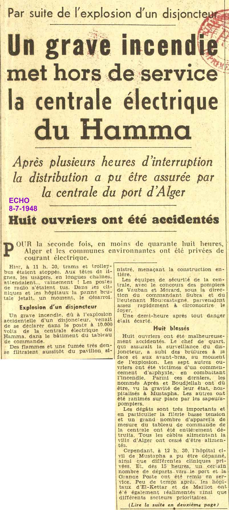 Un grave incendi met hors de service la centrale électrique du Hamma