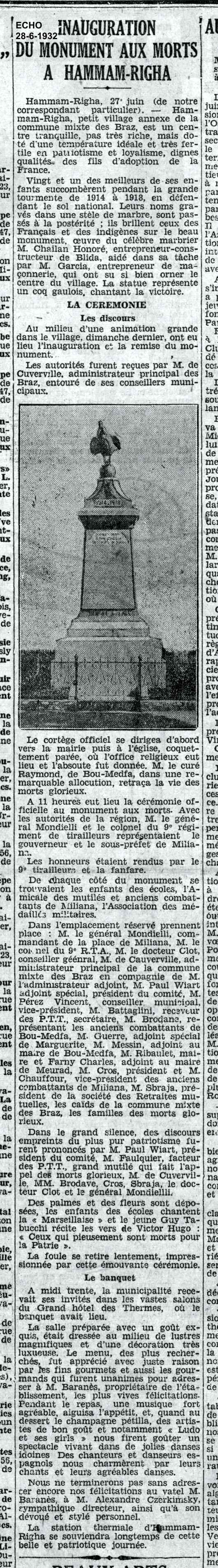 Inauguration du Monument aux Morts