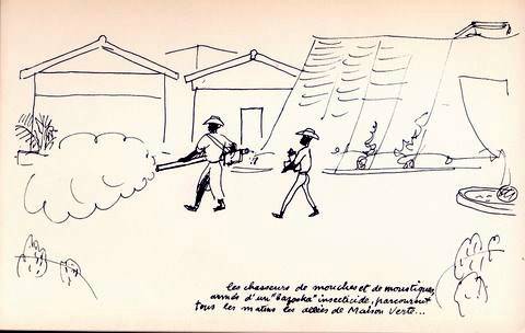 Les chasseurs de mouches et de moustiques armés d'un "bazooka" insecticide, parcourent tous les matins les allées de "Maison verte"