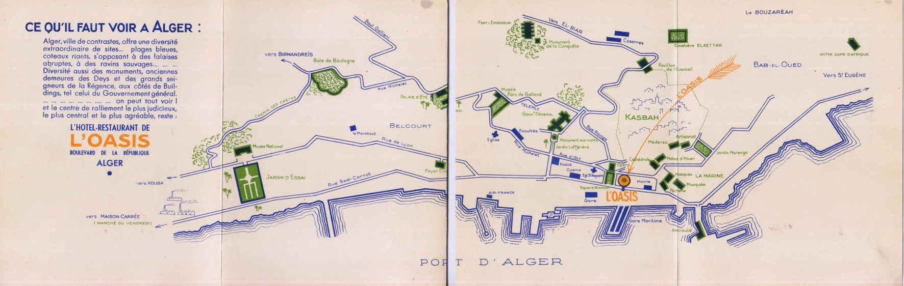 Hôtel Restaurant de L' OASIS à ALGER EN 1935 avec un plan de visite de la ville