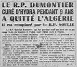 28-8-61 : Le R.P. DUMONTIER CURÉ D'HYDRA PENDANT 9 ans A QUITTÉ L'ALGERIE