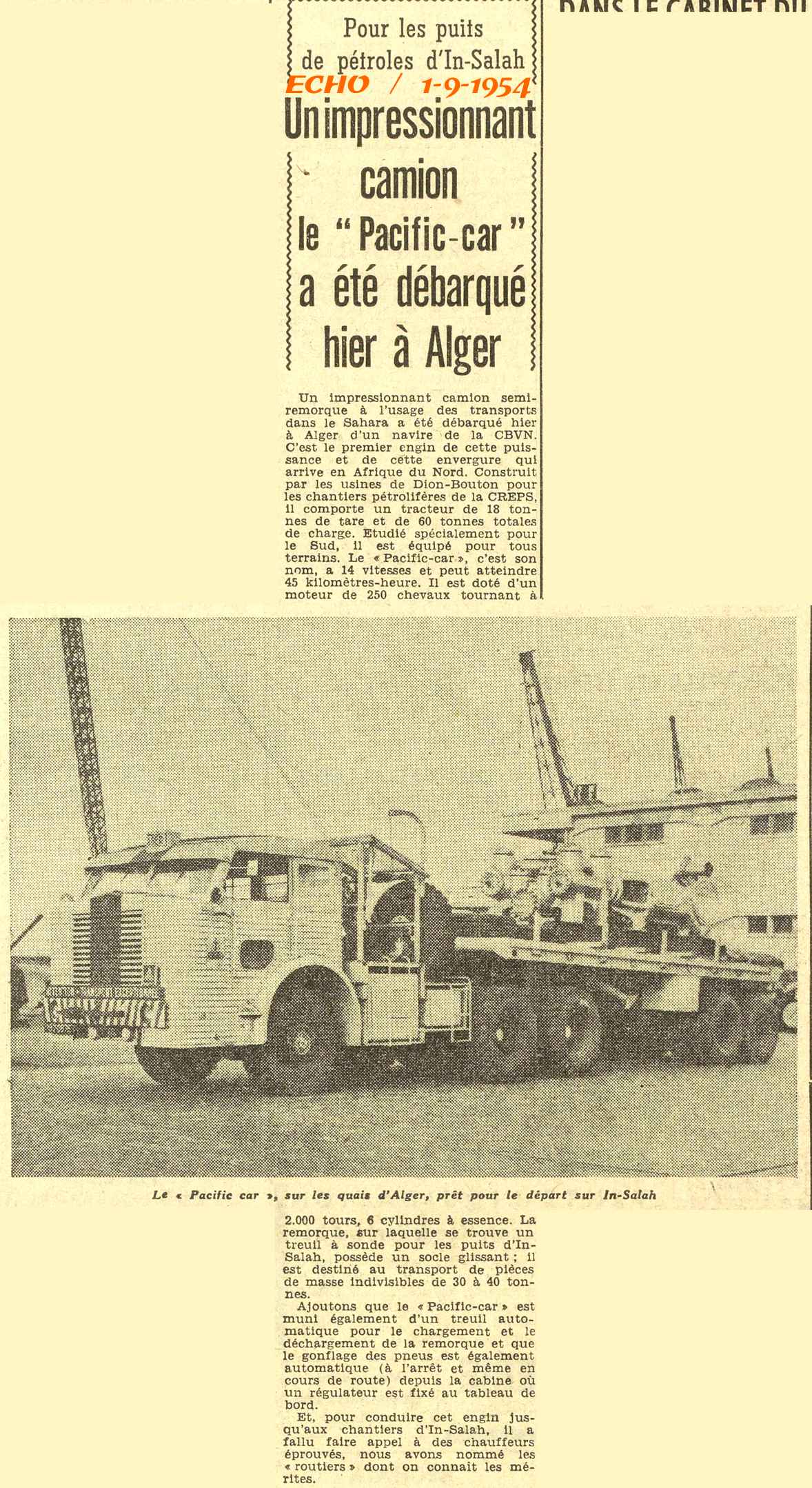 Un impressionnant camion le “ Pacific-car ” a été débarqué hier à Alger 