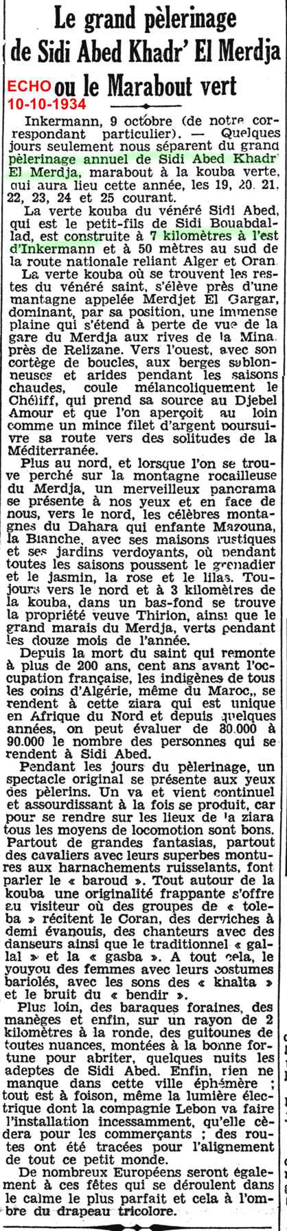 Le grand pèlerinage de Sidi Abed Khadr' El Merdja ou le Marabout vert