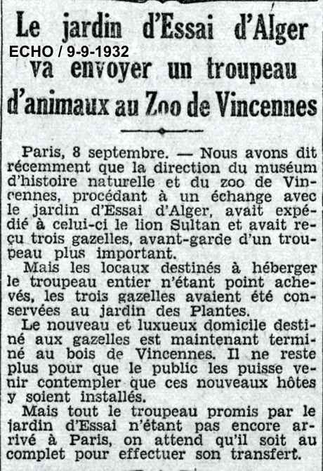 Le jardin d'Essai d'Alger va envoyer un troupeau d'animaux au Zno de Vincennes