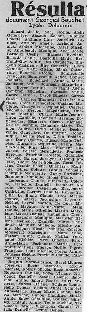 le lycée de jeunes filles Delacroix,resultats d'entree en sixieme 1953