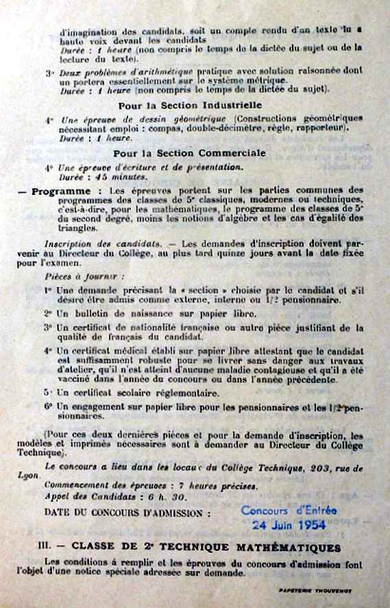 Document réalisé pour le concours d’entrée du 24 juin 1954.