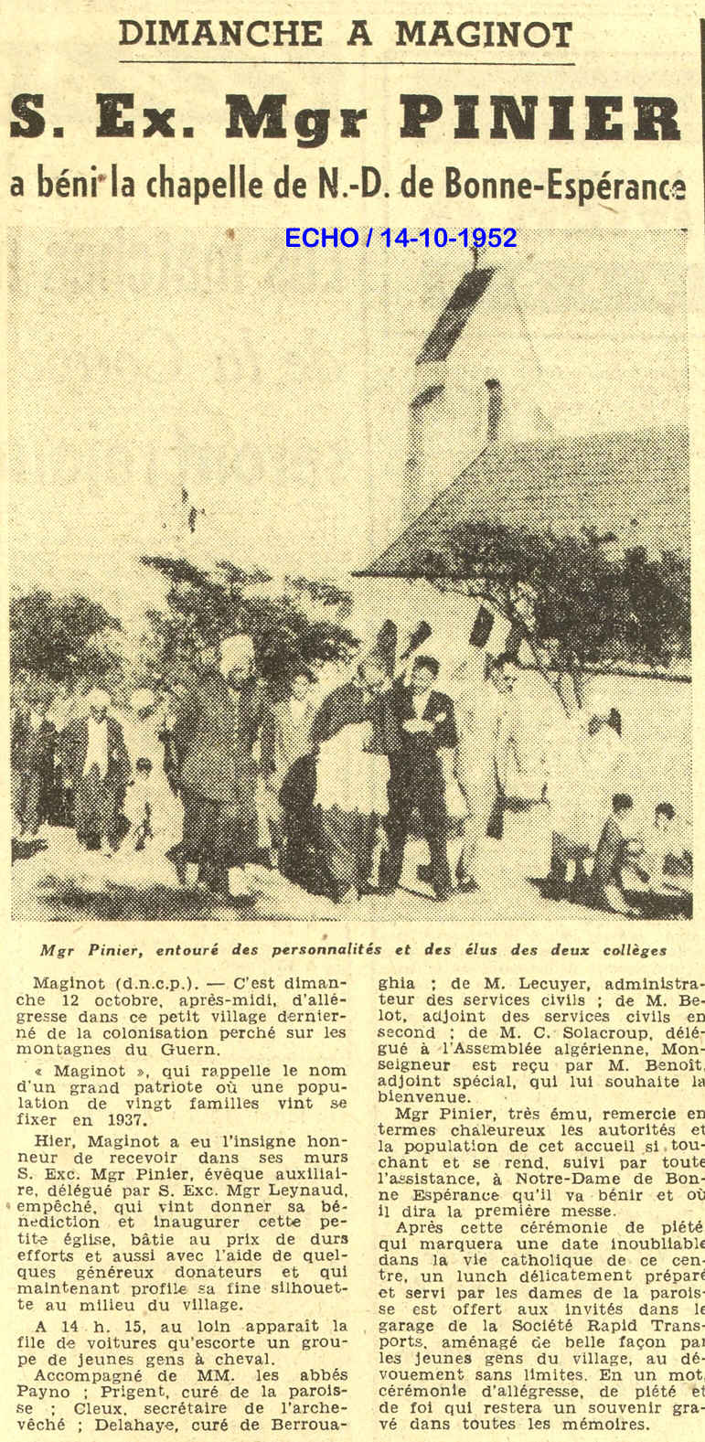 S. Ex. Mgr PINIER a béni la chapelle de N.-D. de Bonne-Espérance 