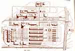 Disposition et surfaces consentiesde chaque zone d'activité.A)Marché ; B) Abattoirs ; C)Zone de circulation et stationnement des services ; D) zone annexe (banques, postes, magasins, hôtels, cantines, ateliers,...). A remarquer les espaces libres réservés au parking.