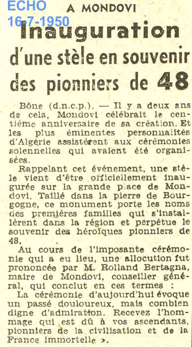 Inauguration d'une stèle en souvenir des pionniers de 48