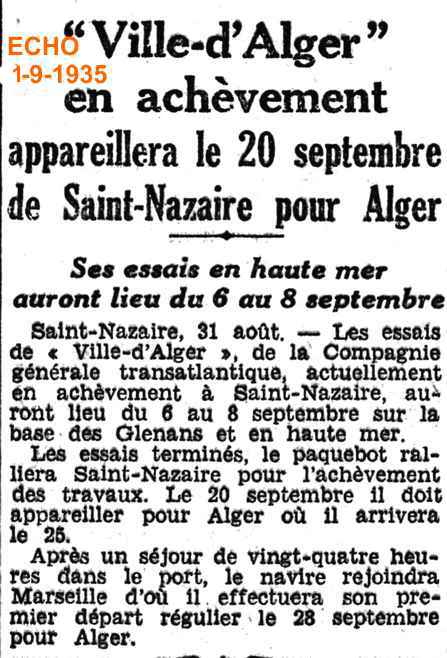 Ville-d'Alger" en achèvement appareillera le 20 septembre.
