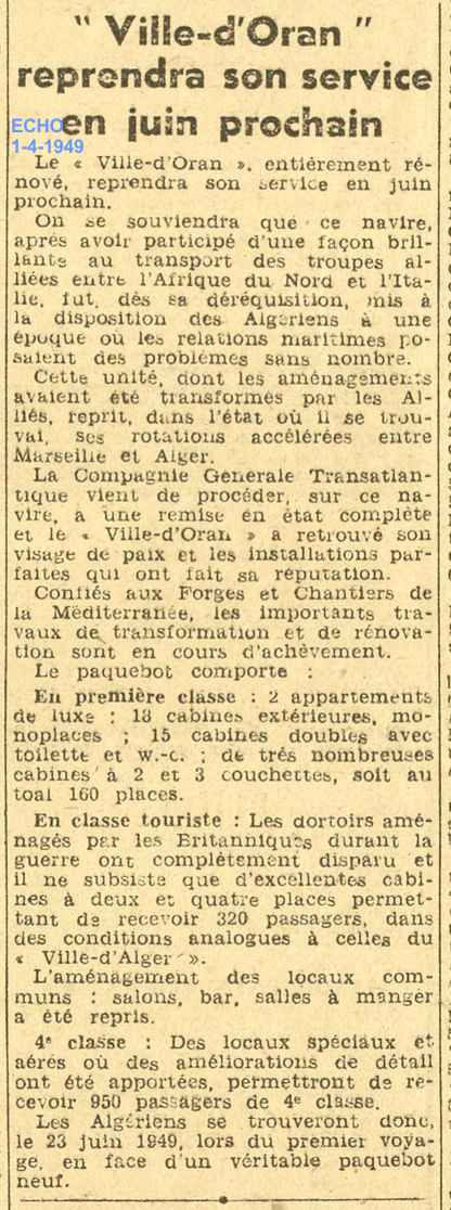 Ville d'Oran"..reprendra son service en juin 1949