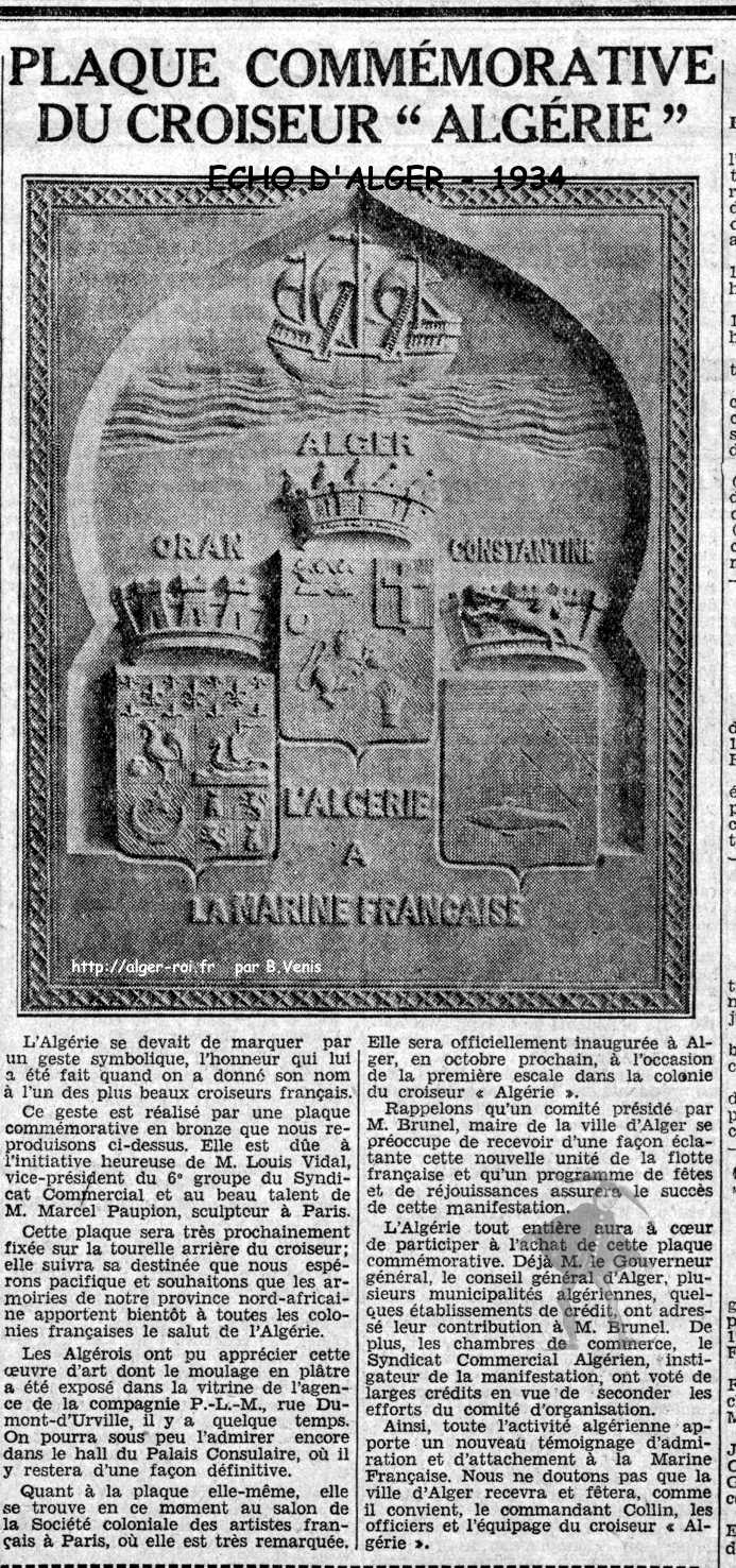 PLAQUE COMMÉMORATIVE DU CROISEUR " ALGÉRIE " - 1934 