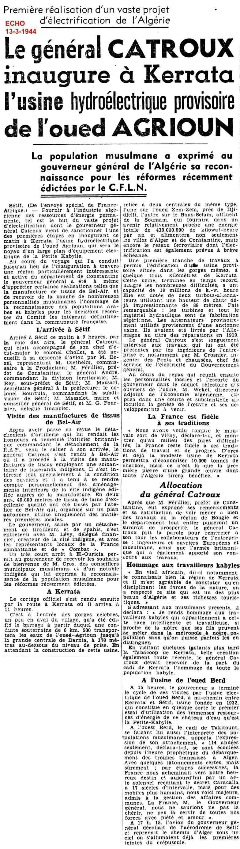 Le général CATROUX inaugure à Kerrata