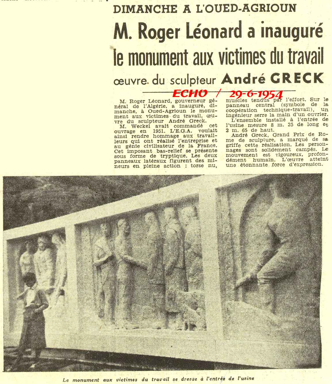 M. Roger Léonard a inauguré le monument aux victimes du travail œuvre, du sculpteur André GRECK 