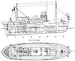 Vue en coupe et en plan des aménagements spéciaux du " Louis-Boutan" (conçu et réalisé par M. Marc Plasaules, des Ateliers Terrin d'Alger). 