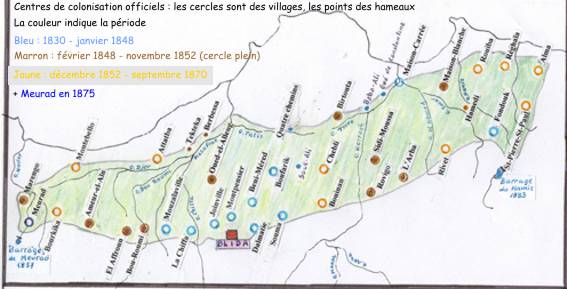 Centres de colonisation officiels : les cercles sont des villages, les points des hameaux