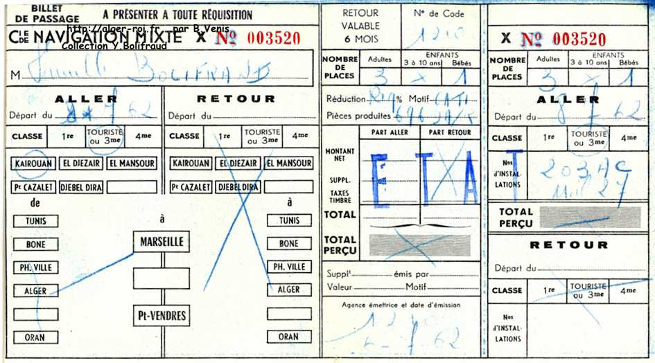 Billet de passage - sans retour - à bord du Kairouan