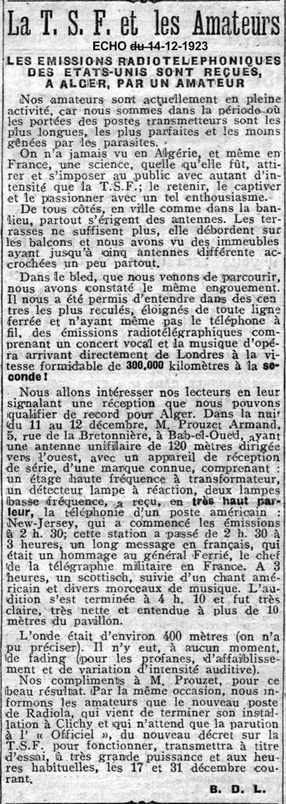 LES EMISSIONS RADIOTELEPHONIQUES DES ETATS-UNIS SONT REÇUES A ALGER PAR UN AMATEUR