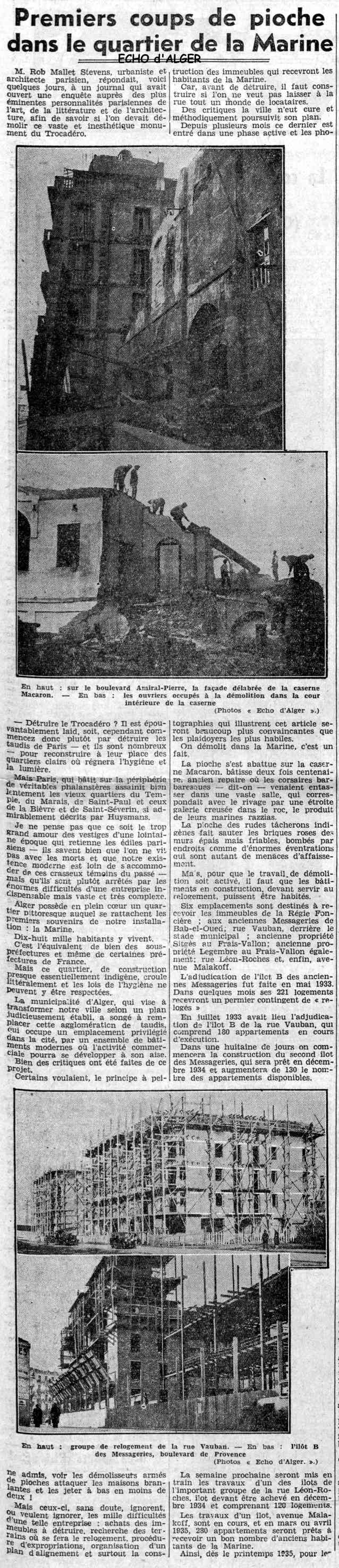 demolition du quartier de la marine,premiers coups de pioche,relogement,1934