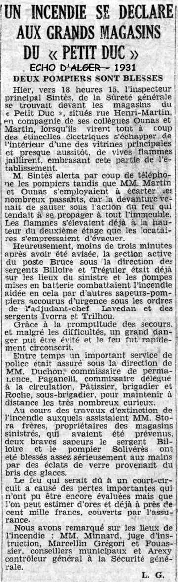 Le feu aux magasins du « Petit Duc » à Alger - 1931